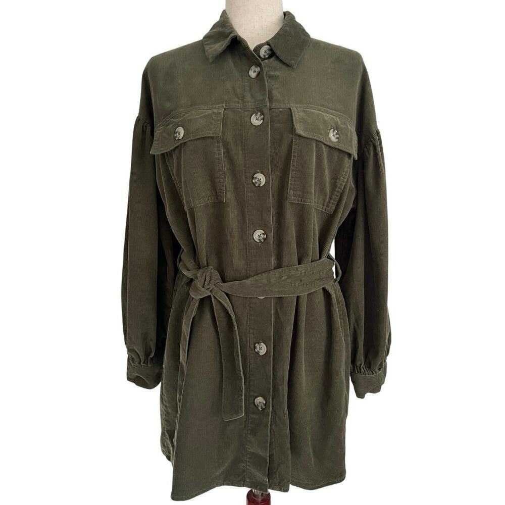 ASOS Design Cord Mini Shirt Dress Women’s Size 4 Green Belted Corduroy